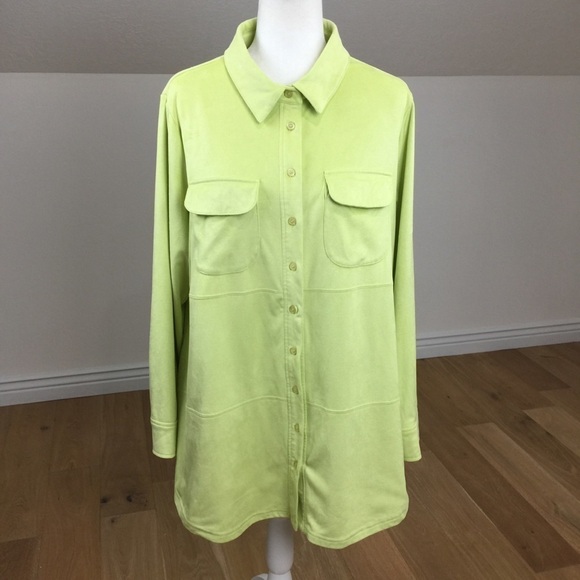 Soft Surroundings Neon Lime Green Yellow Faux Suede Button Front Shirt - Picture 1 of 10